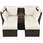 Convertible Outdoor Patio Daybed Loveseat Set with Retractable Sunshade, Cup Holders, Storage Boxes, Water-Repellent Cushions