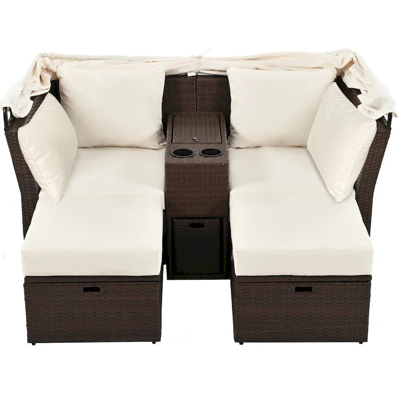 Convertible Outdoor Patio Daybed Loveseat Set with Retractable Sunshade, Cup Holders, Storage Boxes, Water-Repellent Cushions