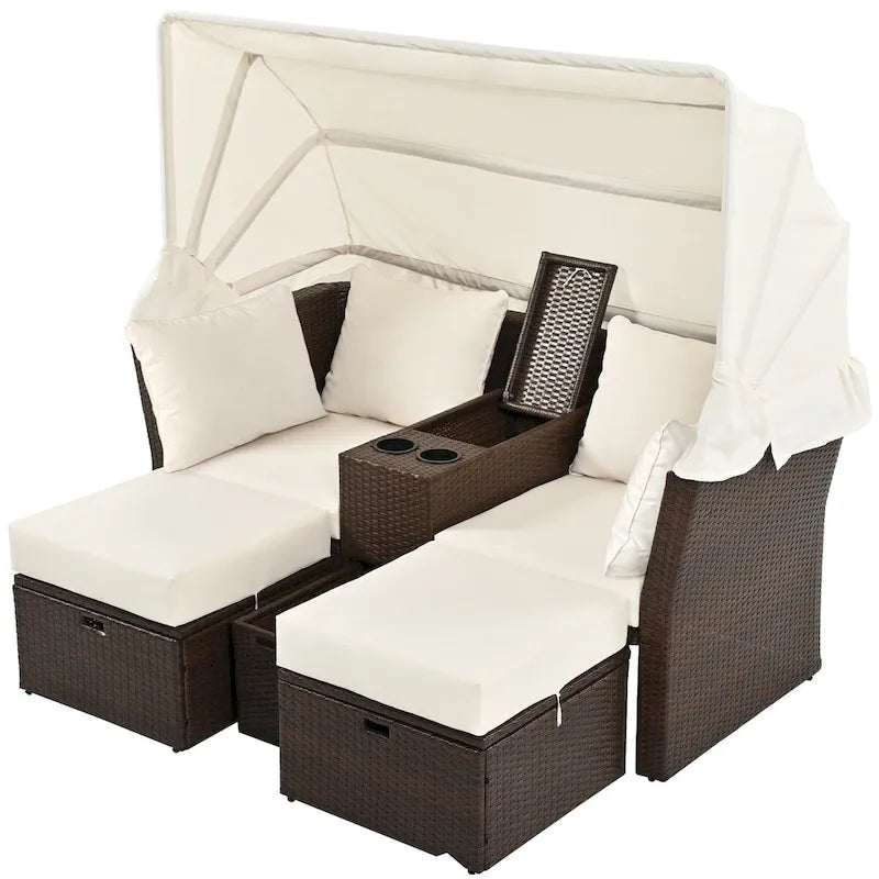Convertible Outdoor Patio Daybed Loveseat Set with Retractable Sunshade, Cup Holders, Storage Boxes, Water-Repellent Cushions