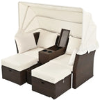 Convertible Outdoor Patio Daybed Loveseat Set with Retractable Sunshade, Cup Holders, Storage Boxes, Water-Repellent Cushions