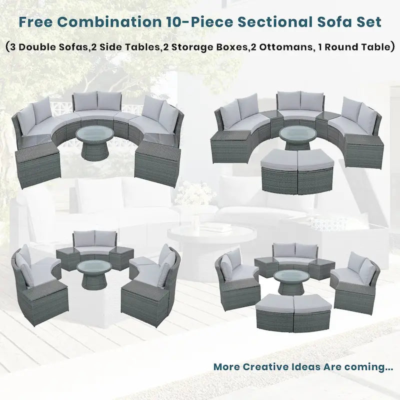 10-Piece Outdoor Sectional Half Round Patio Rattan Sofa Set, PE Wicker Conversation Furniture Set for Free Combination