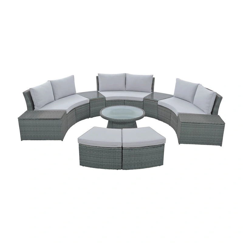 10-Piece Outdoor Sectional Half Round Patio Rattan Sofa Set, PE Wicker Conversation Furniture Set for Free Combination