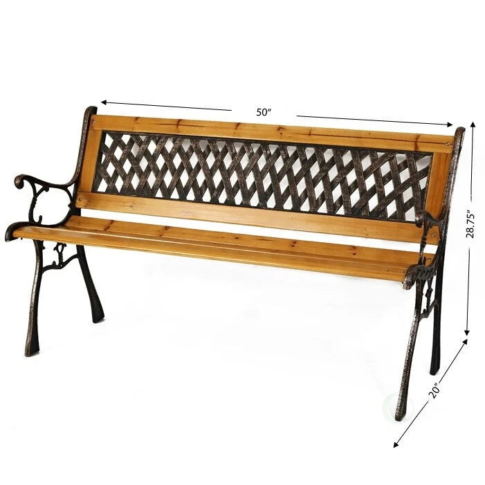 Outdoor Classical Wooden Slated Park Bench, Steel frame Seating Bench for Yard, Patio, Garden, Balcony, and Deck