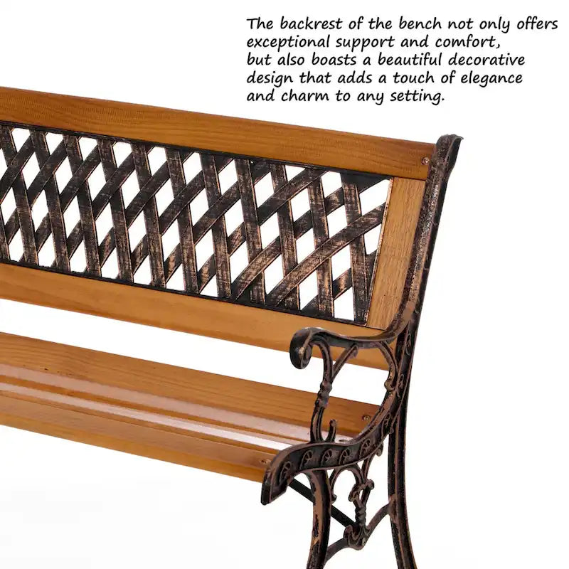 Outdoor Classical Wooden Slated Park Bench, Steel frame Seating Bench for Yard, Patio, Garden, Balcony, and Deck