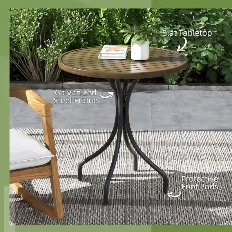 Outdoor Side Table,Patio Round Coffee Table with Steel Frame and Slat Tabletop