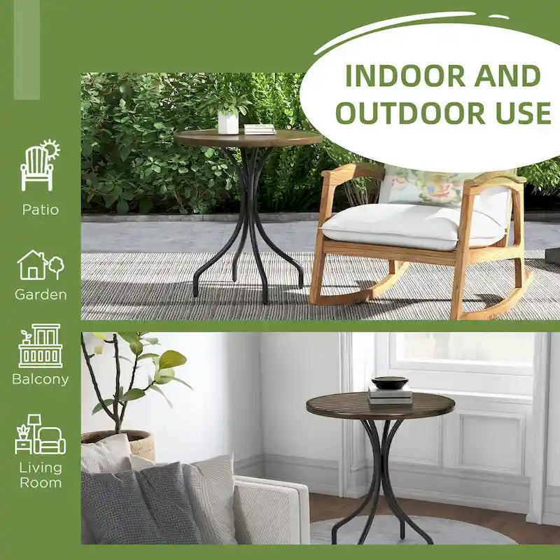 Outdoor Side Table,Patio Round Coffee Table with Steel Frame and Slat Tabletop