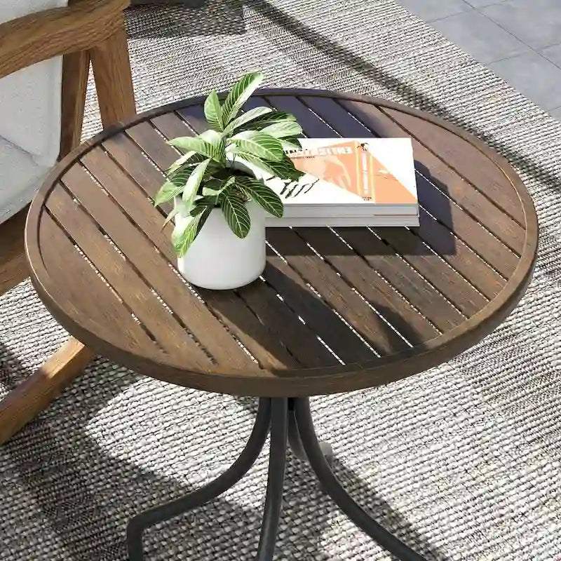 Outdoor Side Table,Patio Round Coffee Table with Steel Frame and Slat Tabletop