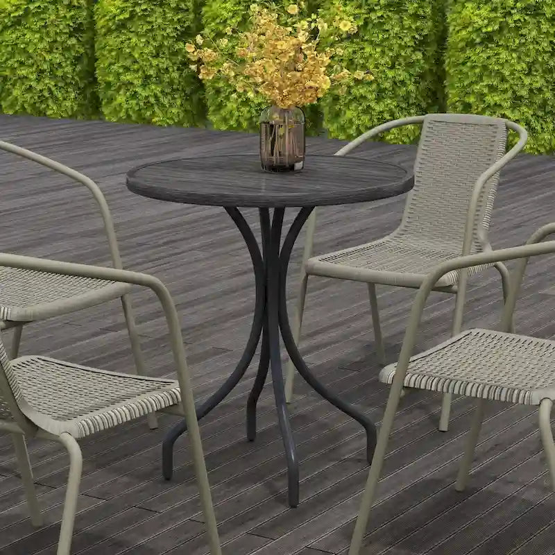 Outdoor Side Table,Patio Round Coffee Table with Steel Frame and Slat Tabletop