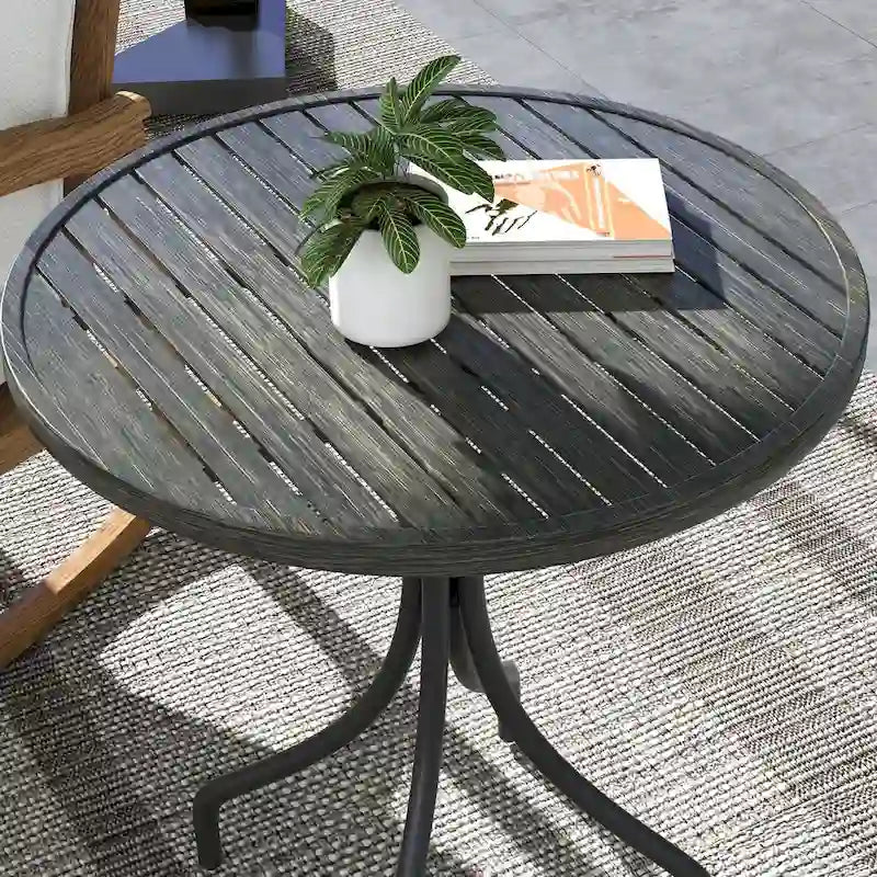 Outdoor Side Table,Patio Round Coffee Table with Steel Frame and Slat Tabletop