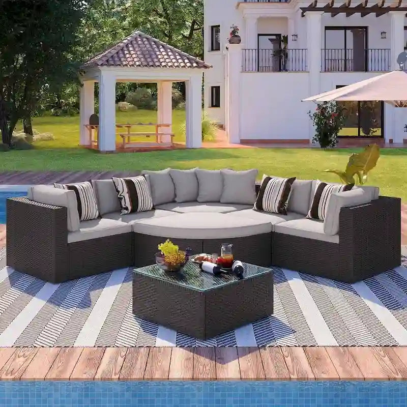 7 PCS Outdoor Wicker Sofa Set, Rattan Sofa Lounger