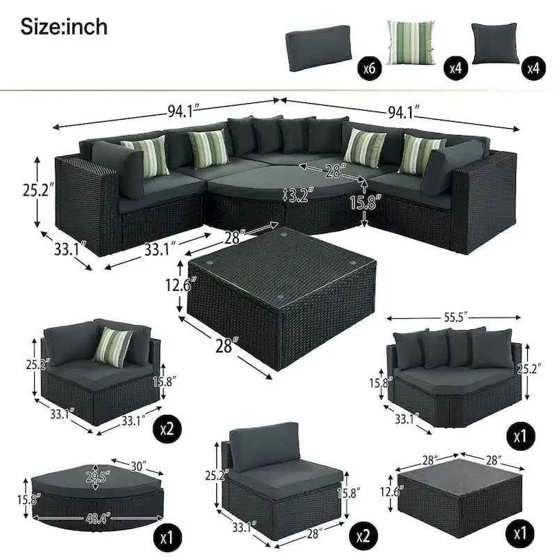 7 PCS Outdoor Wicker Sofa Set, Rattan Sofa Lounger