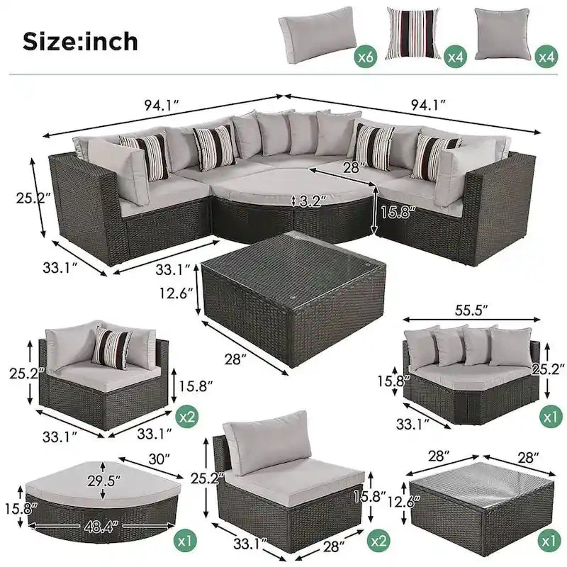 7 PCS Outdoor Wicker Sofa Set, Rattan Sofa Lounger