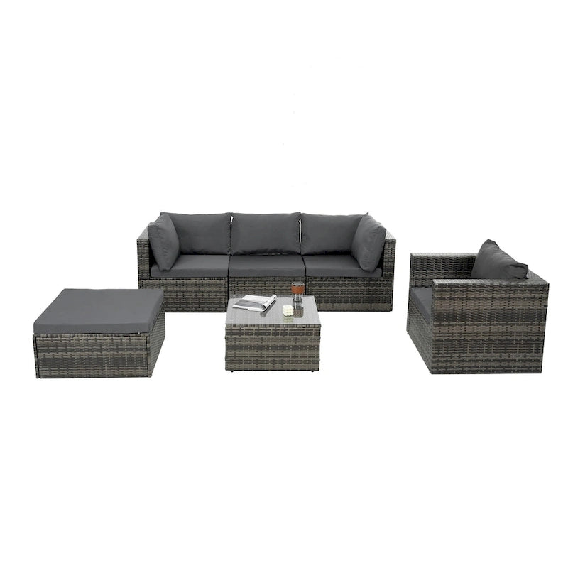 Patio Furniture, Outdoor Furniture, Seasonal PE Wicker Furniture, 6 Set Wicker Furniture With Tempered Glass Coffee Table
