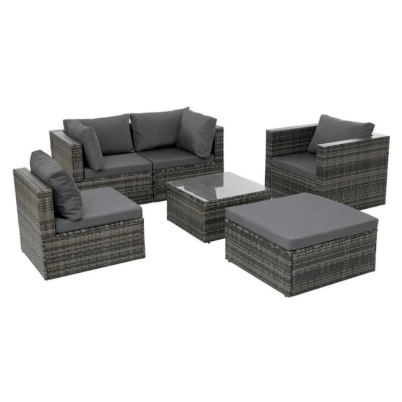 Patio Furniture, Outdoor Furniture, Seasonal PE Wicker Furniture, 6 Set Wicker Furniture With Tempered Glass Coffee Table