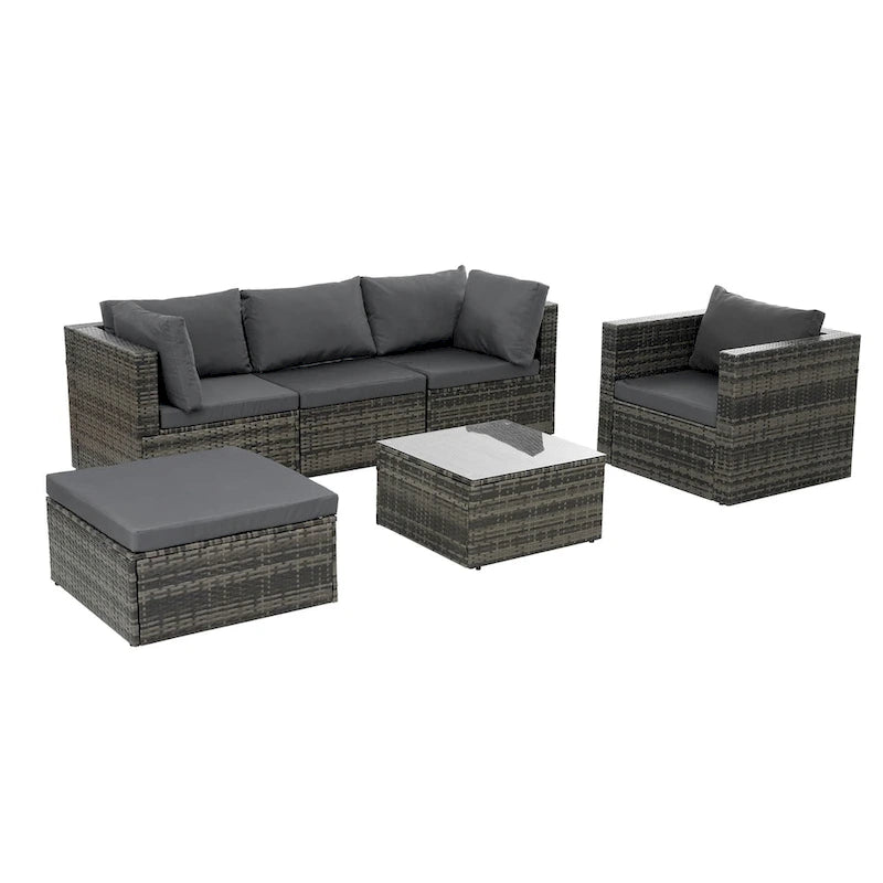 Patio Furniture, Outdoor Furniture, Seasonal PE Wicker Furniture, 6 Set Wicker Furniture With Tempered Glass Coffee Table