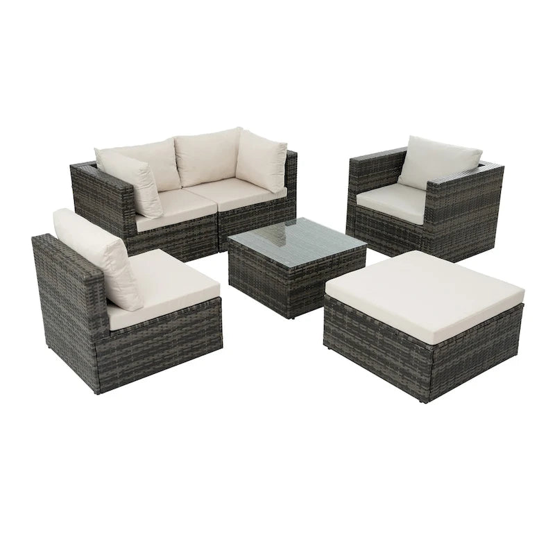 Patio Furniture, Outdoor Furniture, Seasonal PE Wicker Furniture, 6 Set Wicker Furniture With Tempered Glass Coffee Table