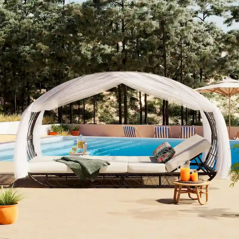 Oaks Aura Outdoor, Sunbed with Cushion, Curtain, and Colorful Pillow, Wicker Lounge Chairs, Adjustable Recliners for Garden
