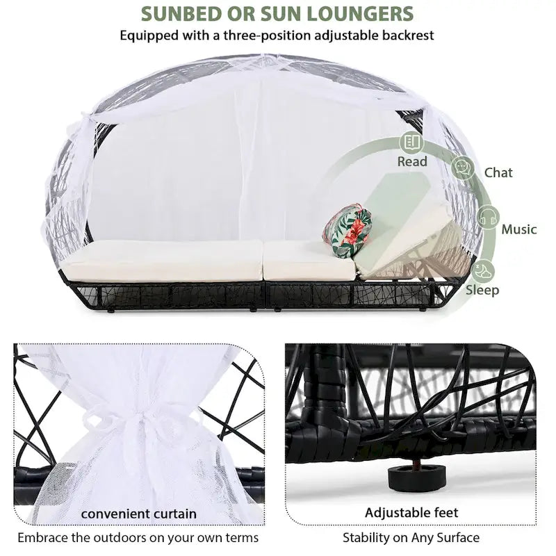 Oaks Aura Outdoor, Sunbed with Cushion, Curtain, and Colorful Pillow, Wicker Lounge Chairs, Adjustable Recliners for Garden