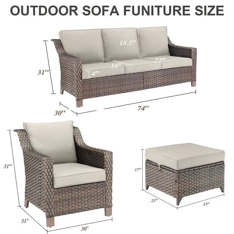 Outdoor Sofa with Chairs, Ottomans - Brown