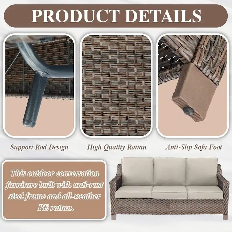 Outdoor Sofa with Chairs, Ottomans - Brown