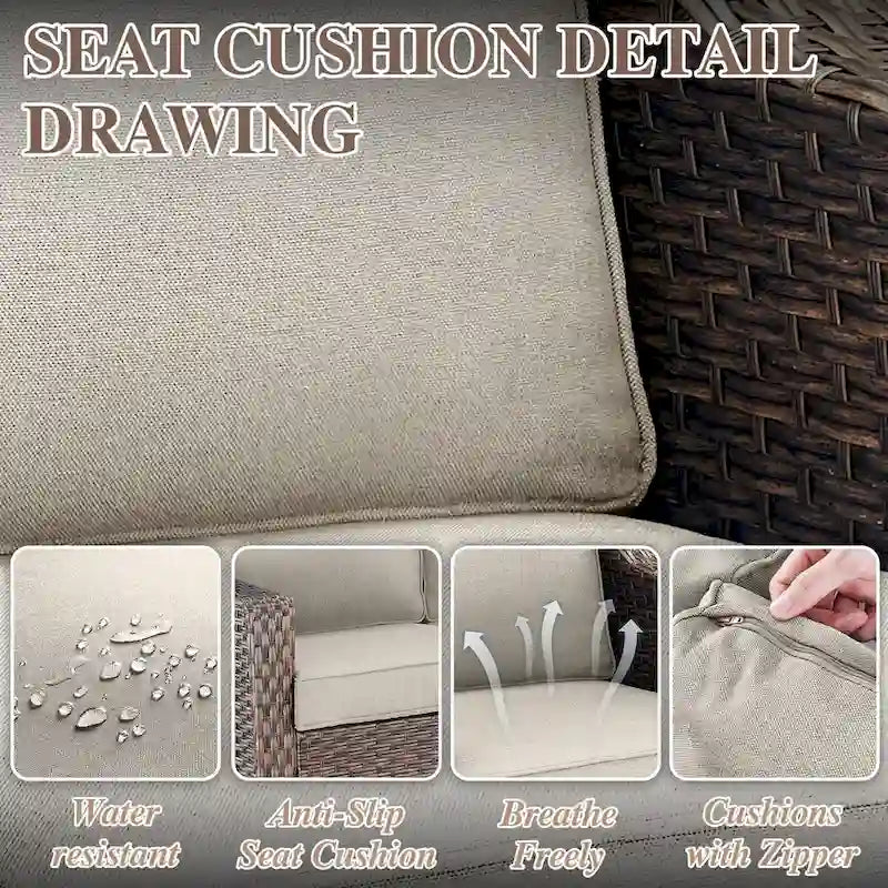 Outdoor Sofa with Chairs, Ottomans - Brown