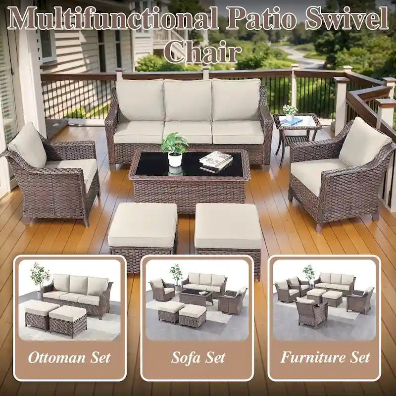 Outdoor Sofa with Chairs, Ottomans - Brown