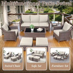 Outdoor Sofa with Chairs, Ottomans - Brown