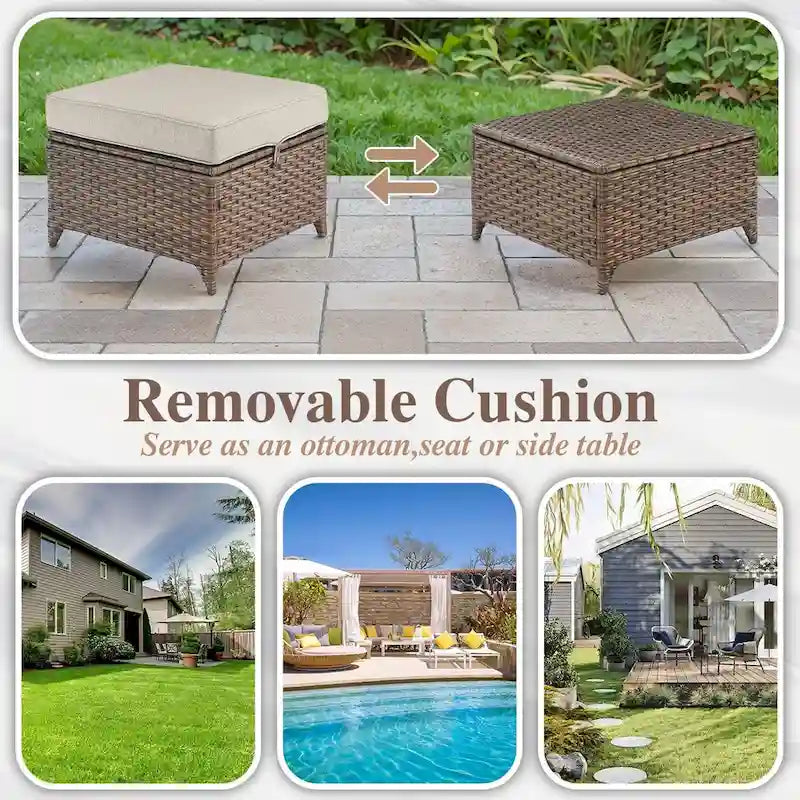 Outdoor Sofa with Chairs, Ottomans - Brown
