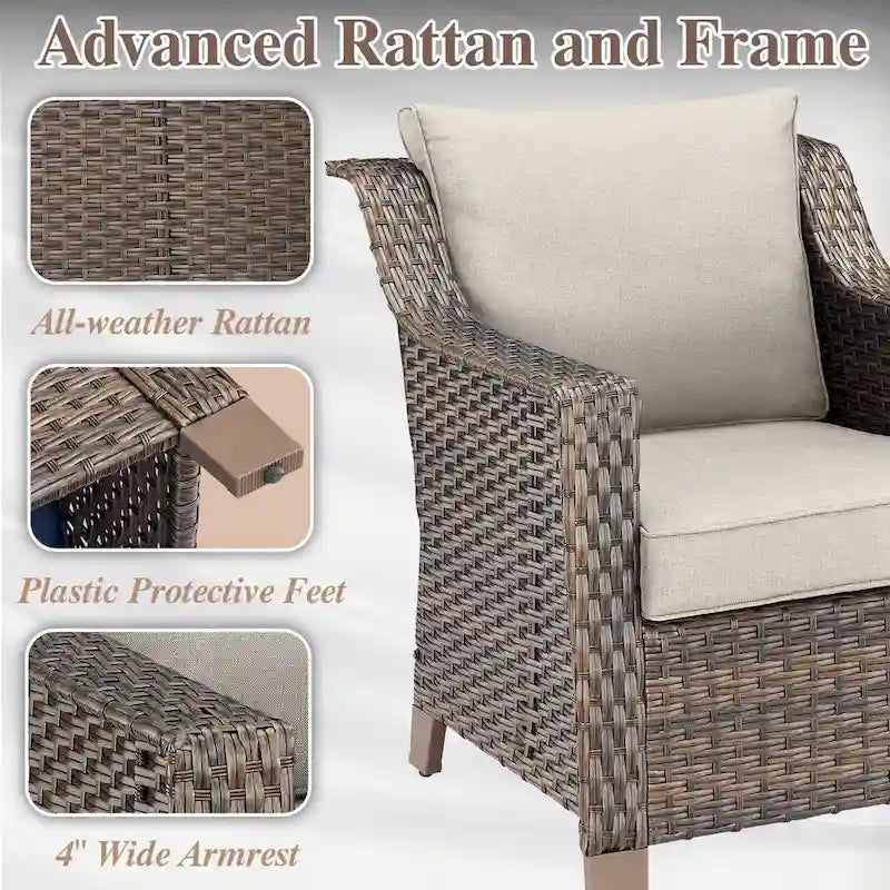 Outdoor Sofa with Chairs, Ottomans - Brown