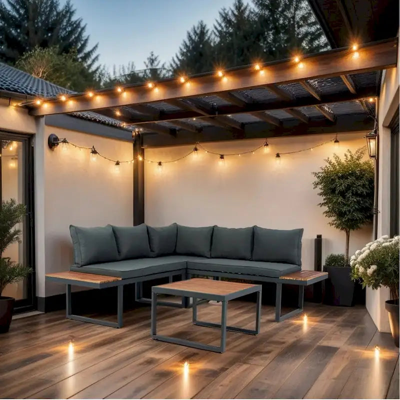 Set of 4 L Shaped Patio Wicker Conversation Set Outdoor 5 Seater Sectional Sofa with Side Table & Coffee Table