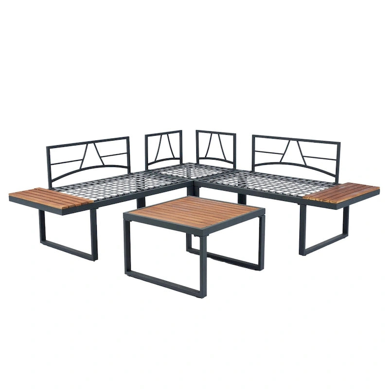 Set of 4 L Shaped Patio Wicker Conversation Set Outdoor 5 Seater Sectional Sofa with Side Table & Coffee Table