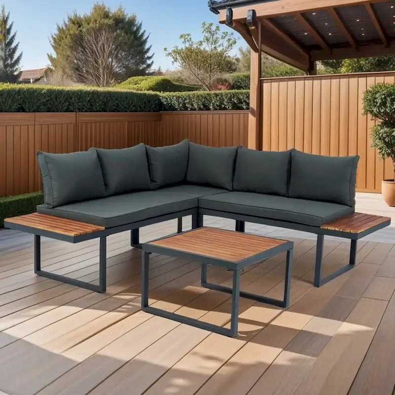 Set of 4 L Shaped Patio Wicker Conversation Set Outdoor 5 Seater Sectional Sofa with Side Table & Coffee Table