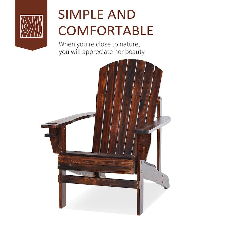Wooden Adirondack Chair, Outdoor Patio Lawn Chair with Cup Holder, Weather Resistant Lawn Furniture, Classic Lounge