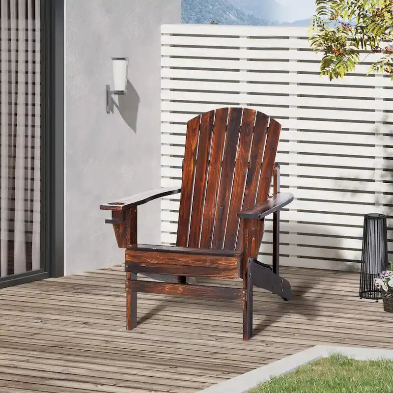 Wooden Adirondack Chair, Outdoor Patio Lawn Chair with Cup Holder, Weather Resistant Lawn Furniture, Classic Lounge