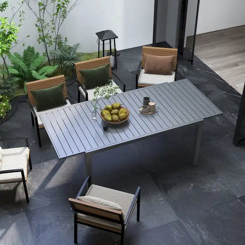 Expandable Patio Table, Rectangle Patio Table, Outdoor Dining Table for 6-8 People with Aluminum Frame & Slatted Tabletop