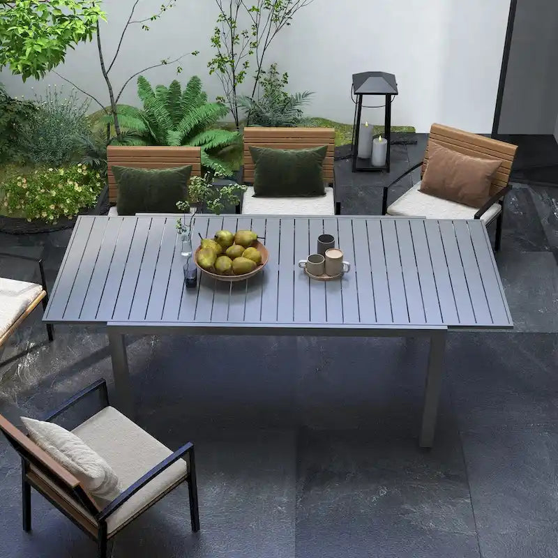 Expandable Patio Table, Rectangle Patio Table, Outdoor Dining Table for 6-8 People with Aluminum Frame & Slatted Tabletop