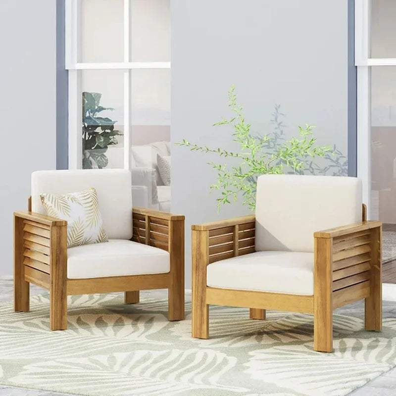 Outdoor Acacia Wood Club Chairs w/ Cushions, Patio Chairs Set of 2