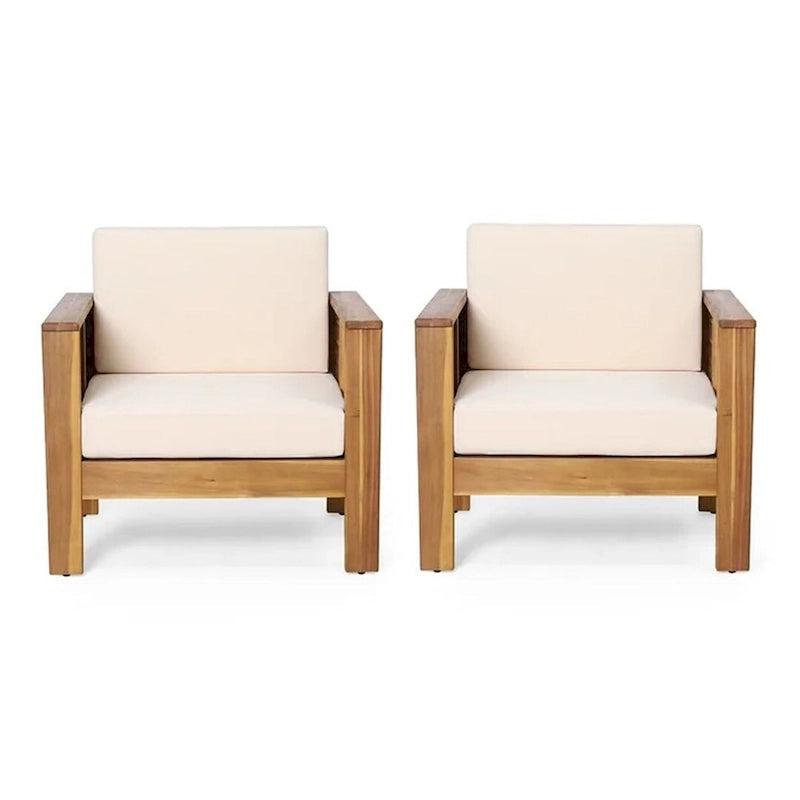 Outdoor Acacia Wood Club Chairs w/ Cushions, Patio Chairs Set of 2