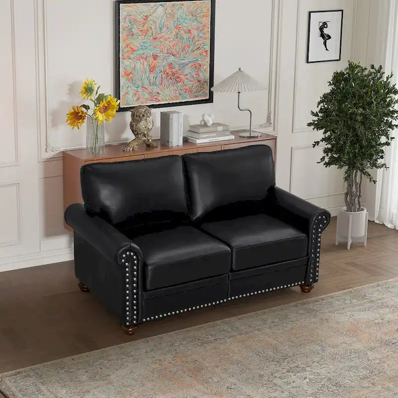 Faux Leather Loveseat with Storage – Burgundy / Grey / Black, Nailhead Trim, Seats 2