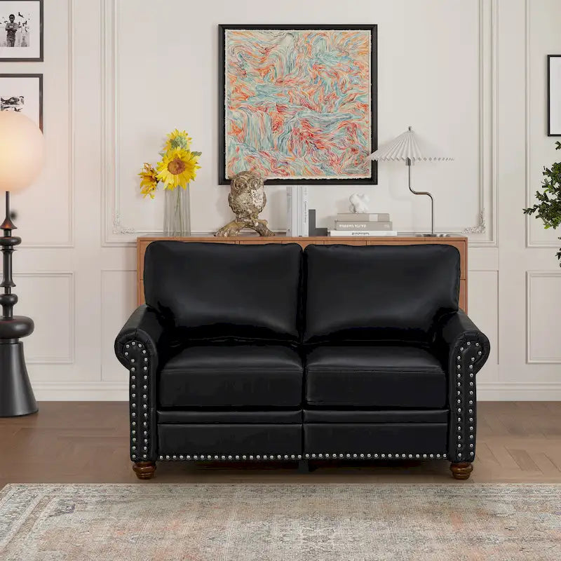Faux Leather Loveseat with Storage – Burgundy / Grey / Black, Nailhead Trim, Seats 2