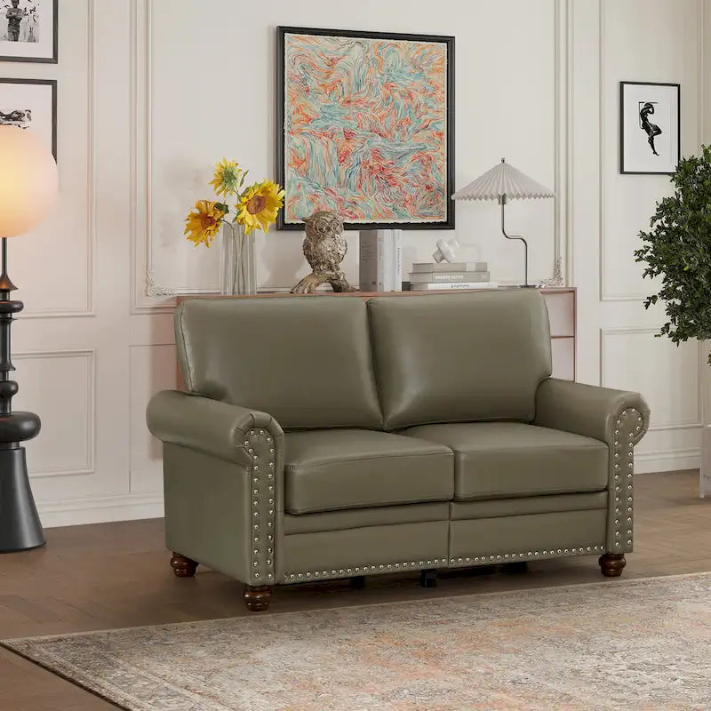 Faux Leather Loveseat with Storage – Burgundy / Grey / Black, Nailhead Trim, Seats 2