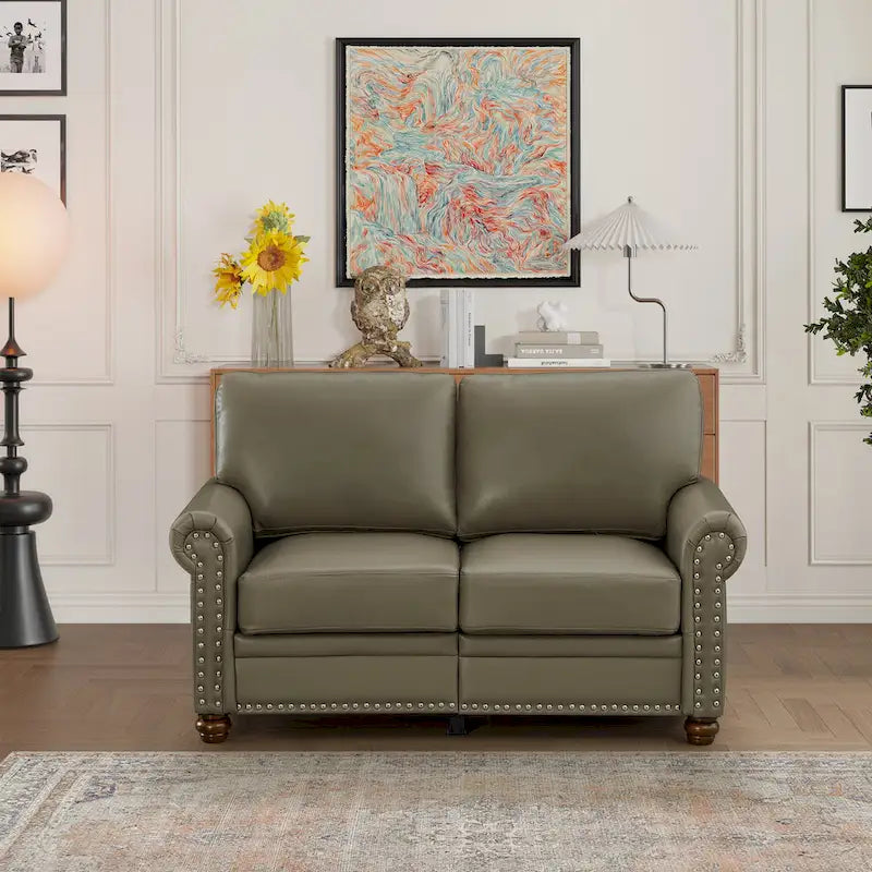 Faux Leather Loveseat with Storage – Burgundy / Grey / Black, Nailhead Trim, Seats 2