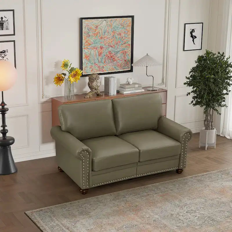Faux Leather Loveseat with Storage – Burgundy / Grey / Black, Nailhead Trim, Seats 2