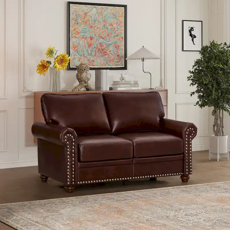 Faux Leather Loveseat with Storage – Burgundy / Grey / Black, Nailhead Trim, Seats 2