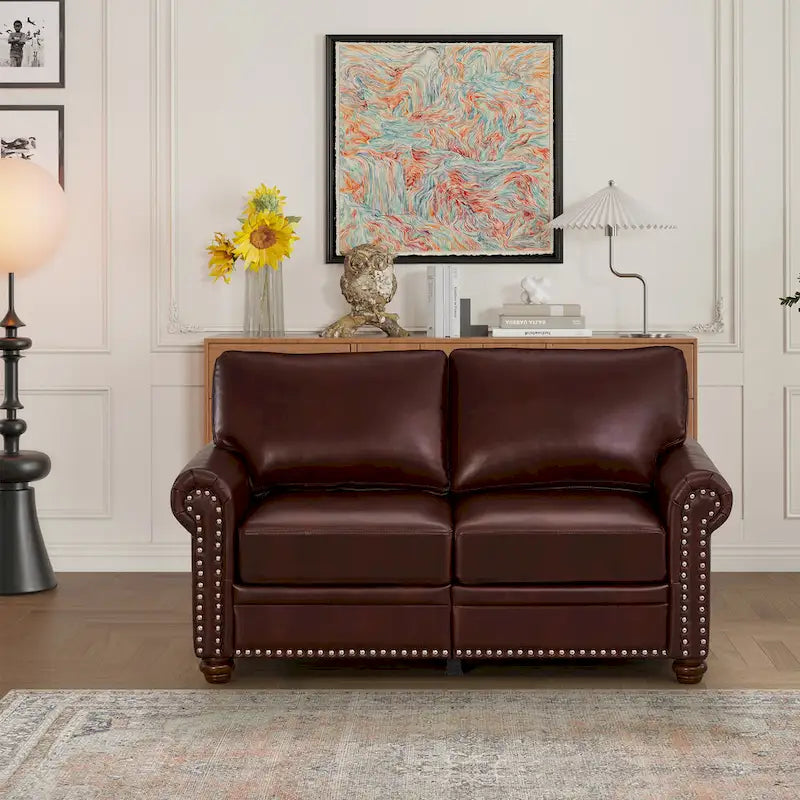 Faux Leather Loveseat with Storage – Burgundy / Grey / Black, Nailhead Trim, Seats 2