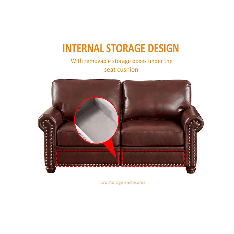 Faux Leather Loveseat with Storage – Burgundy / Grey / Black, Nailhead Trim, Seats 2