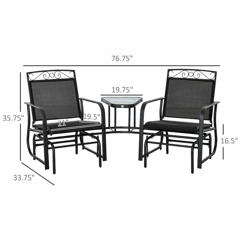 Outdoor Glider Chairs with Coffee Table, Patio 2-Seat Rocking Chair Swing with Breathable Sling