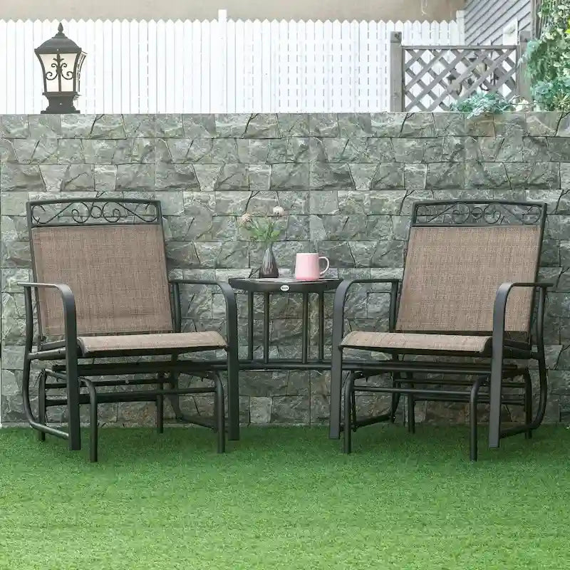Outdoor Glider Chairs with Coffee Table, Patio 2-Seat Rocking Chair Swing with Breathable Sling