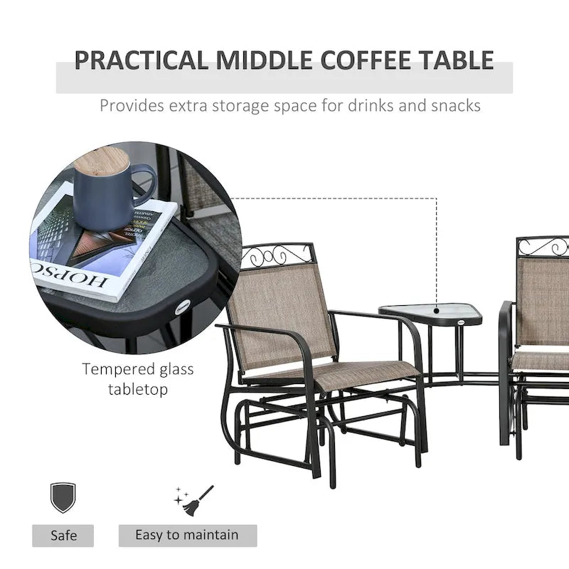 Outdoor Glider Chairs with Coffee Table, Patio 2-Seat Rocking Chair Swing with Breathable Sling