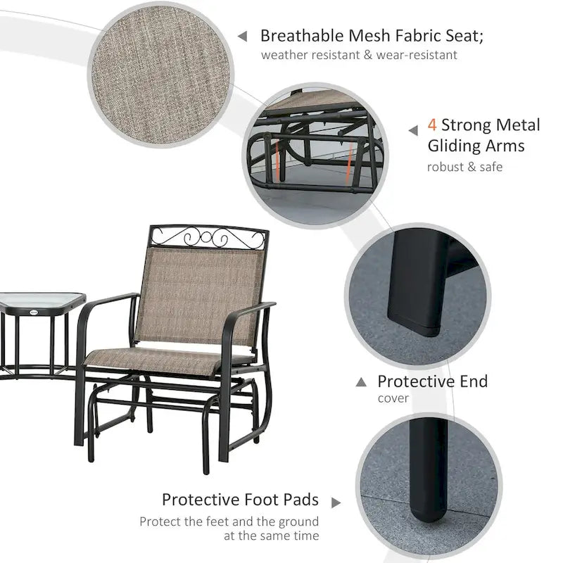 Outdoor Glider Chairs with Coffee Table, Patio 2-Seat Rocking Chair Swing with Breathable Sling
